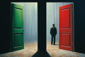 man standing at a red doorway instead of a green doorway right beside it to demonstrate the power of choice