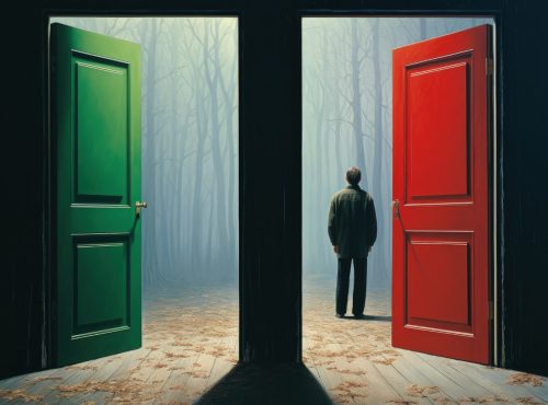 man standing at a red doorway instead of a green doorway right beside it to demonstrate the power of choice